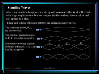 Week 13, Lesson 2 Wave Motion 8 
Standing Waves 
At certain vibration frequencies, a string will resonate – that is, it will vibrate 
with large amplitude in vibration patterns similar to those shown below and 
will appear as a blur. 
These and similar vibration patterns are called standing waves. 
A 
B 
C 
D 
E 
The stationary points, B,D, 
are called nodes. 
The points of greatest motion, 
A, C, E, are called antinodes. 
The distance between adjacent 
nodes (or antinodes) is ½ , and 
is called a segment.  