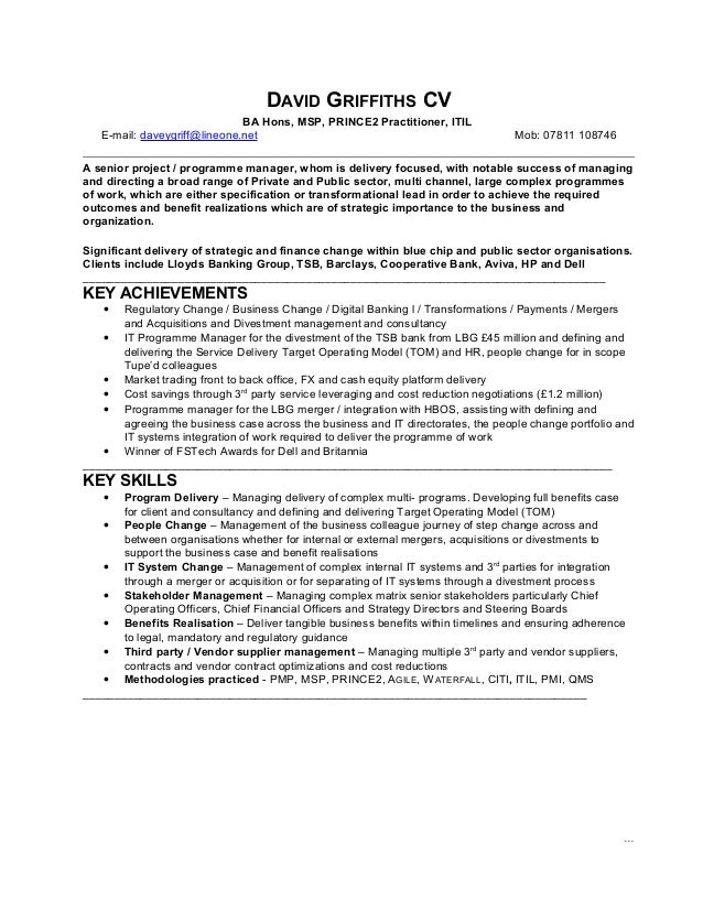 david griffiths programme manager cv 2015 manager cv