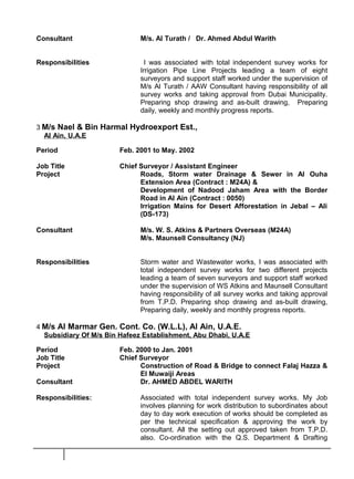 Consultant M/s. Al Turath / Dr. Ahmed Abdul Warith
Responsibilities I was associated with total independent survey works for
Irrigation Pipe Line Projects leading a team of eight
surveyors and support staff worked under the supervision of
M/s Al Turath / AAW Consultant having responsibility of all
survey works and taking approval from Dubai Municipality.
Preparing shop drawing and as-built drawing, Preparing
daily, weekly and monthly progress reports.
3 M/s Nael & Bin Harmal Hydroexport Est.,
Al Ain, U.A.E
Period Feb. 2001 to May. 2002
Job Title Chief Surveyor / Assistant Engineer
Project Roads, Storm water Drainage & Sewer in Al Ouha
Extension Area (Contract : M24A) &
Development of Nadood Jaham Area with the Border
Road in Al Ain (Contract : 0050)
Irrigation Mains for Desert Afforestation in Jebal – Ali
(DS-173)
Consultant M/s. W. S. Atkins & Partners Overseas (M24A)
M/s. Maunsell Consultancy (NJ)
Responsibilities Storm water and Wastewater works, I was associated with
total independent survey works for two different projects
leading a team of seven surveyors and support staff worked
under the supervision of WS Atkins and Maunsell Consultant
having responsibility of all survey works and taking approval
from T.P.D. Preparing shop drawing and as-built drawing,
Preparing daily, weekly and monthly progress reports.
4 M/s Al Marmar Gen. Cont. Co. (W.L.L), Al Ain, U.A.E.
Subsidiary Of M/s Bin Hafeez Establishment, Abu Dhabi, U.A.E
Period Feb. 2000 to Jan. 2001
Job Title Chief Surveyor
Project Construction of Road & Bridge to connect Falaj Hazza &
El Muwaiji Areas
Consultant Dr. AHMED ABDEL WARITH
Responsibilities: Associated with total independent survey works. My Job
involves planning for work distribution to subordinates about
day to day work execution of works should be completed as
per the technical specification & approving the work by
consultant. All the setting out approved taken from T.P.D.
also. Co-ordination with the Q.S. Department & Drafting
 