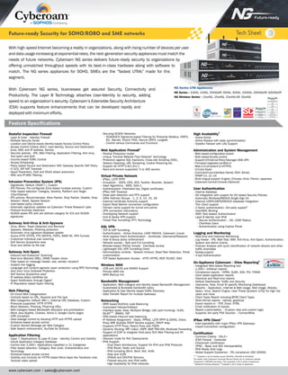 Feature Specifications
www.cyberoam.com I sales@cyberoam.com
Future-ready Security for SOHO/ROBO and SME networks Tech Sheet
With high-speed Internet becoming a reality in organizations, along with rising number of devices per user
and data usage increasing at exponential rates, the next-generation security appliances must match the
needs of future networks. Cyberoam NG series delivers future-ready security to organizations by
offering unmatched throughput speeds with its best-in-class hardware along with software to
match. The NG series appliances for SOHO, SMEs are the “fastest UTMs” made for this
segment.
With Cyberoam NG series, businesses get assured Security, Connectivity and
Productivity. The Layer 8 Technology attaches User-Identity to security, adding
speed to an organization’s security. Cyberoam’s Extensible Security Architecture
(ESA) supports feature enhancements that can be developed rapidly and
deployed with minimum efforts.
CERTIFIED
VPNC
Interop
Basic
AES
Interopwww.check-mark.com
SSL Advanced
Network Extension
SSL Basic
Network Extension
SSL
JavaScript
SSL
Firefox
SSL
Exchange
SSL
Portal
CERTIFIED
VPNC
NG Series : 10iNG, 15iNG, 25iNG/6P, 35iNG, 50iNG, 100iNG, 200iNG/XP, 300iNG/XP
15wiNG, 25wiNG, 25wiNG-6P, 35wiNGNG Wireless Series :
NG Series UTM Appliances
- Securing SCADA Networks
- SCADA/ICS Signature-based Filtering for Protocols Modbus, DNP3,
IEC, Bacnet, Omron FINS, Secure DNP3, Longtalk
- Control various Commands and Functions
Web Application Firewall4
- Positive Protection model
- Unique "Intuitive Website Flow Detector" technology
- Protection against SQL Injections, Cross-site Scripting (XSS),
Session Hijacking, URL Tampering, Cookie Poisoning etc.
- Support for HTTP 0.9/1.0/1.1
- Back-end servers supported: 5 to 300 servers
Virtual Private Network
- IPSec, L2TP, PPTP
- Encryption - 3DES, DES, AES, Twofish, Blowfish, Serpent
- Hash Algorithms - MD5, SHA-1
- Authentication: Preshared key, Digital certificates
- IPSec NAT Traversal
- Dead peer detection and PFS support
- Diffie Hellman Groups - 1, 2, 5, 14, 15, 16
- External Certificate Authority support
- Export Road Warrior connection configuration
- Domain name support for tunnel end points
- VPN connection redundancy
- Overlapping Network support
- Hub & Spoke VPN support
- Threat Free Tunnelling (TFT) Technology
SSL VPN
- TCP & UDP Tunnelling
- Authentication - Active Directory, LDAP, RADIUS, Cyberoam (Local)
- Multi-layered Client Authentication - Certificate, Username/Password
- User & Group policy enforcement
- Network access - Split and Full tunnelling
- Browser-based (Portal) Access - Clientless access
- Lightweight SSL VPN Tunnelling Client
- Administrative controls - Session timeout, Dead Peer Detection, Portal
customization
- TCP based Application Access - HTTP, HTTPS, RDP, TELNET, SSH
Wireless WAN
- USB port 3G/4G and WiMAX Support
- Primary WAN link
- WAN Backup link
Bandwidth Management
- Application, Web Category and Identity based Bandwidth Management
- Guaranteed & Burstable bandwidth policy
- Application & User Identity based Traffic Discovery
- Data Transfer Report for multiple Gateways
Networking
- WRR based Multilink Load Balancing
- Automated Failover/Failback
- Interface types: Alias, Multiport Bridge, LAG (port trunking), VLAN,
WLAN , WWAN, TAP###
- DNS-based inbound load balancing
- IP Address Assignment - Static, PPPoE, L2TP, PPTP & DDNS, Client,
Proxy ARP, Multiple DHCP Servers support, DHCP relay
- Supports HTTP Proxy, Parent Proxy with FQDN
- PIM-SM,Dynamic Routing: RIP v1&v2, OSPF, BGP, Multicast Forwarding
- Support of ICAP to integrate third-party DLP, Web Filtering and AV
applications
7
- Discover mode for PoC Deployments
- IPv6 Support:
- Dual Stack Architecture: Support for IPv4 and IPv6 Protocols
- IPv6 Route: Static and Source
- IPv6 tunneling (6in4, 6to4, 6rd, 4in6)
- Alias and VLAN
- DNSv6 and DHCPv6 Services
- Firewall security over IPv6 traffic
- High Availability for IPv6 networks
High Availability
#
- Active-Active
- Active-Passive with state synchronization
- Stateful Failover with LAG Support
Administration and System Management
- Web-based configuration wizard
- Role-based Access control
- Support of External Policy Manager (XML API)
- Firmware Upgrades via Web UI
- Web 2.0 compliant UI (HTTPS)
- UI Color Styler
- Command Line Interface (Serial, SSH, Telnet)
- SNMP (v1, v2, v3)
- Multi-lingual support: English, Chinese, Hindi, French, Japanese
- Cyberoam Central Console (Optional)
User Authentication
- Internal database
- AD Integration with support for OU-based Security Policies
- Automatic Windows Single Sign On/RADIUS
- External LDAP/LDAPS/RADIUS database Integration
- Thin Client support
- 2-factor authentication: 3rd party support
5
- User/MAC Binding
- SMS (Text-based) Authentication
- Layer 8 Identity over IPv6
- Secure Authentication – AD, LDAP, Radius
- Clientless Users
- Authentication using Captive Portal
Logging and Monitoring
- Real-time and historical Monitoring
- Log Viewer - IPS, Web filter, WAF, Anti-Virus, Anti-Spam, Authentication,
System and Admin Events
- Forensic Analysis with quick identification of network attacks and other
traffic anomalies
- Syslog support
- 4-eye Authentication
On-Appliance Cyberoam - iView Reporting
6
- Integrated Web-based Reporting tool
- 1,200+ drilldown reports
- Compliance reports - HIPAA, GLBA, SOX, PCI, FISMA
- Zone based application reports
- Historical and Real-time reports
- Default Dashboards: Traffic and Security
- Username, Host, Email ID specific Monitoring Dashboard
- Reports – Application, Internet & Web Usage, Mail Usage, Attacks,
Spam, Virus, Search Engine, User Threat Quotient (UTQ) for high risk
users and more
- Client Types Report including BYOD Client Types
- Multi-format reports - tabular, graphical
- Export reports in - PDF, Excel, HTML
- Email notification of reports
- Report customization – (Custom view and custom logo)
- Supports 3rd party PSA Solution – ConnectWise
IPSec VPN Client##
- Inter-operability with major IPSec VPN Gateways
- Import Connection configuration
Certification
- Common Criteria - EAL4+
- ICSA Firewall - Corporate
- Checkmark Certification
- VPNC - Basic and AES interoperability
- IPv6 Ready Gold Logo
- Global Support Excellence - ITIL compliance (ISO 20000)
VIEW
Cyberoam TM
Stateful Inspection Firewall
- Layer 8 (User - Identity) Firewall
- Multiple Security Zones
- Location and Device-aware Identity-based Access Control Policy
- Access Control Criteria (ACC): User-Identity, Source and Destination
Zone, MAC and IP address, Service
- Security policies - IPS, Web Filtering, Application Filtering, Anti-virus,
Anti-spam and QoS
- Country-based Traffic Control
- Access Scheduling
- Policy based Source and Destination NAT, Gateway Specific NAT Policy
- H.323, SIP NAT Traversal
- Spoof Prevention DoS and DDoS attack prevention,
- MAC and IP-MAC filtering
Intrusion Prevention System (IPS)
- Signatures: Default (4500+), Custom
- IPS Policies: Pre-configured Zone-based multiple policies, Custom
- Filter based selection: Category, Severity, Platform and Target
(Client/Server)
- IPS actions: Recommended, Allow Packet, Drop Packet, Disable, Drop
Session, Reset, Bypass Session
- User-based policy creation
- Automatic signature updates via Cyberoam Threat Research Labs
- Protocol Anomaly Detection
- SCADA-aware IPS with pre-defined category for ICS and SCADA
signatures
Gateway Anti-Virus & Anti-Spyware
- Virus, Worm, Trojan Detection and Removal
- Spyware, Malware, Phishing protection
- Automatic virus signature database update
- Scans HTTP, HTTPS, FTP, SMTP POP3, IMAP, IM, VPN Tunnels/S,
- Customize individual user scanning
- Self Service Quarantine area
- Scan and deliver by file size
Gateway Anti-Spam
- Inbound and Outbound Scanning1
- Real-time Blacklist (RBL), MIME header check
- Filter based on message header, size, sender, recipient
- Subject line tagging
- Language and Content-agnostic spam protection using RPD Technology
- Zero Hour Virus Outbreak Protection
- Self Service Quarantine area2
- IP address Black list/White list
- Spam Notification through Digest
3
- IP Reputation based Spam filtering
Web Filtering
- On-Cloud Web Categorization
- Controls based on URL, Keyword and File type
- Web Categories: Default (89+), External URL Database, Custom
- Protocols supported: HTTP, HTTPS
- Block Malware, Phishing, Pharming URLs
- Web Category-based Bandwidth allocation and prioritization
- Block Java Applets, Cookies, Active X, Google Cache pages
- CIPA Compliant
- Data leakage control by blocking HTTP and HTTPS upload
- Schedule-based access control
- Custom Denied Message per Web Category
- Safe Search enforcement, YouTube for Schools
Application Filtering
- Layer 7 (Applications) & Layer 8 (User - Identity) Control and Visibility
- Inbuilt Application Category Database
- Control over 2,000+ Applications classified in 21 Categories
- Filter based selection: Category, Risk Level, Characteristics and
Technology
- Schedule-based access control
- Visibility and Controls for HTTPS based Micro-Apps like Facebook chat,
Youtube video upload
1,2,3,4,6
Available in all the Models except CR10iNG, CR15iNG & CR15wiNG
For details, refer Cyberoam's Technical Alliance Partner list on Cyberoam website.
5
Supported in CR50iNG and above. Not supported in Wi-Fi series of appliances.
7 #
## ###
Additional Purchase Required Available in Wi-Fi series of appliances.
 