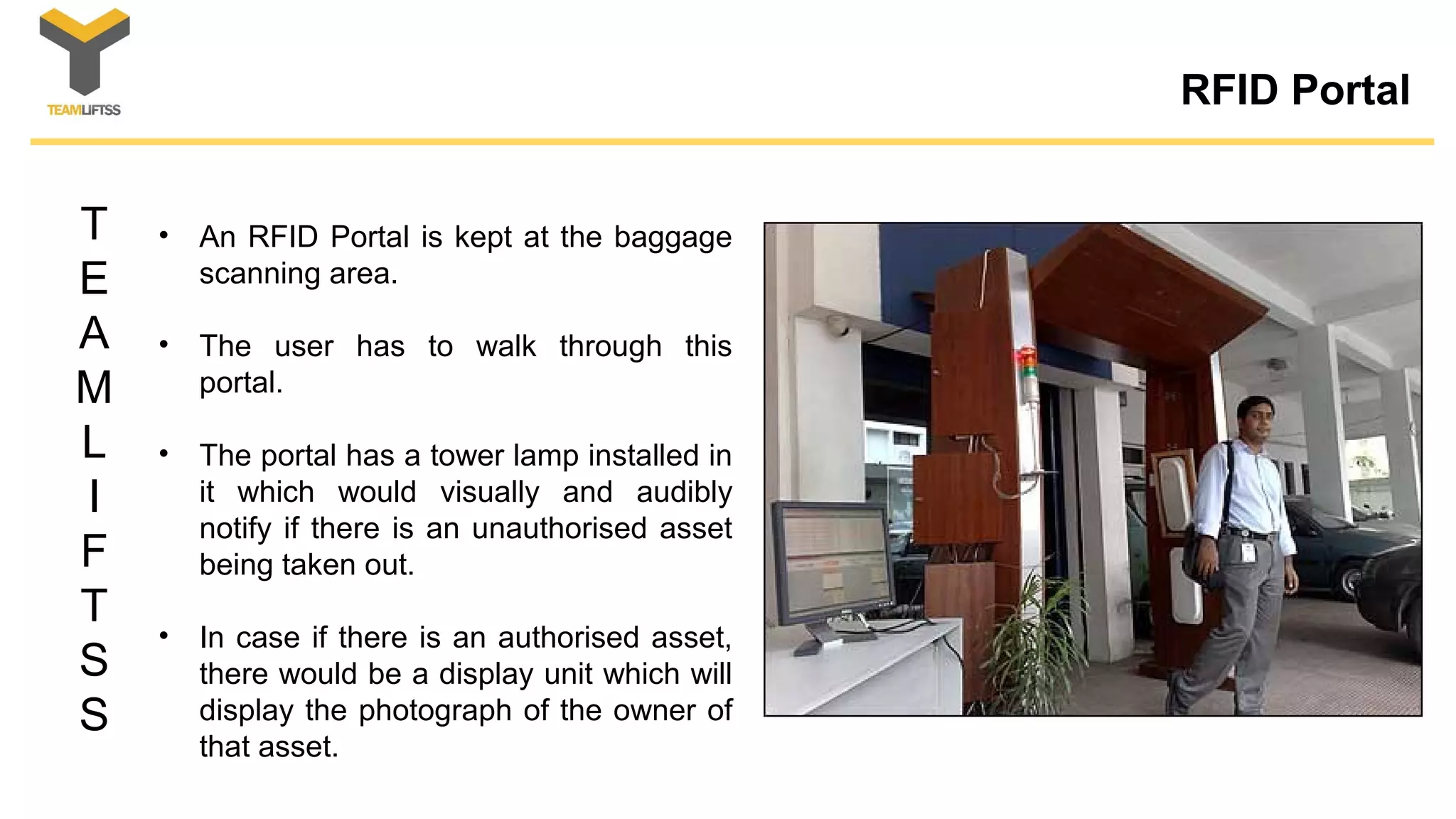 T
E
A
M
L
I
F
T
S
S
RFID Portal
• An RFID Portal is kept at the baggage
scanning area.
• The user has to walk through this
portal.
• The portal has a tower lamp installed in
it which would visually and audibly
notify if there is an unauthorised asset
being taken out.
• In case if there is an authorised asset,
there would be a display unit which will
display the photograph of the owner of
that asset.
 