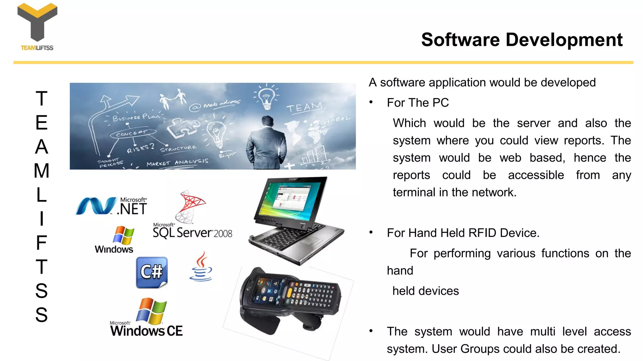 T
E
A
M
L
I
F
T
S
S
Software Development
A software application would be developed
• For The PC
Which would be the server and also the
system where you could view reports. The
system would be web based, hence the
reports could be accessible from any
terminal in the network.
• For Hand Held RFID Device.
For performing various functions on the
hand
held devices
• The system would have multi level access
system. User Groups could also be created.
 