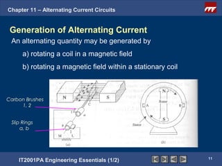 Chapter 11 – Alternating Current Circuits


 Generation of Alternating Current
 An alternating quantity may be generated by
      a) rotating a coil in a magnetic field
      b) rotating a magnetic field within a stationary coil



Carbon Brushes
     1, 2


 Slip Rings
     a, b




                                                              11
    IT2001PA Engineering Essentials (1/2)
 
