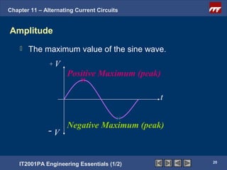 Chapter 11 – Alternating Current Circuits


Amplitude
       The maximum value of the sine wave.
               +V
                      Positive Maximum (peak)

                                            t


                      Negative Maximum (peak)
              -V

                                                20
    IT2001PA Engineering Essentials (1/2)
 