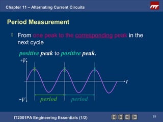 Chapter 11 – Alternating Current Circuits


Period Measurement
      From one peak to the corresponding peak in the
       next cycle
        positive peak to positive peak.
        +V



                                              t

        -V         period         period

                                                        25
      IT2001PA Engineering Essentials (1/2)
 