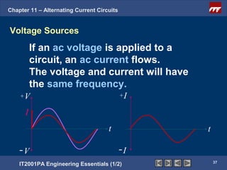 Chapter 11 – Alternating Current Circuits


Voltage Sources
          If an ac voltage is applied to a
          circuit, an ac current flows.
          The voltage and current will have
          the same frequency.
    +V                                      +I

      I
                                     t           t

    -V                                      -I
                                                     37
    IT2001PA Engineering Essentials (1/2)
 