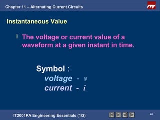 Chapter 11 – Alternating Current Circuits


Instantaneous Value

        The voltage or current value of a
         waveform at a given instant in time.


                Symbol :
                  voltage - v
                  current - i


                                                40
    IT2001PA Engineering Essentials (1/2)
 