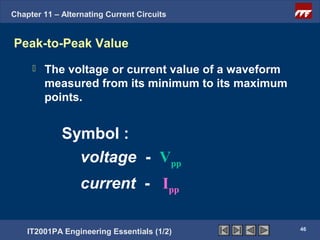 Chapter 11 – Alternating Current Circuits


Peak-to-Peak Value
        The voltage or current value of a waveform
         measured from its minimum to its maximum
         points.


             Symbol :
               voltage - Vpp
                  current - Ipp

                                                      46
    IT2001PA Engineering Essentials (1/2)
 