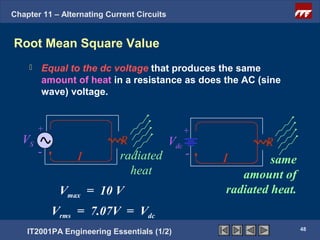 Chapter 11 – Alternating Current Circuits


Root Mean Square Value
       Equal to the dc voltage that produces the same
        amount of heat in a resistance as does the AC (sine
        wave) voltage.


        +                                   +
  VS                        R        Vdc                 R
        -        I          radiated     -      I         same
                              heat                  amount of
             Vmax = 10 V                         radiated heat.
            Vrms = 7.07V = Vdc
                                                                  48
    IT2001PA Engineering Essentials (1/2)
 