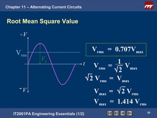 Chapter 11 – Alternating Current Circuits


Root Mean Square Value

       +V



     Vrms                                         Vrms = 0.707Vmax
                   Vp
                                            t             1
                                                  Vrms =    Vmax
                                                         √2
                                                √2 Vrms = Vmax
       -V                                         Vmax = √2 Vrms
                                                  Vmax = 1.414 Vrms
                                                                      50
    IT2001PA Engineering Essentials (1/2)
 