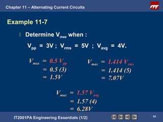 Chapter 11 – Alternating Current Circuits


Example 11-7
          Determine Vmax when :
           Vpp = 3V ; Vrms = 5V ; Vavg = 4V.

            Vmax = 0.5 Vpp                  Vmax = 1.414 Vrms
                 = 0.5 (3)                       = 1.414 (5)
                 = 1.5V                          = 7.07V

                          Vmax = 1.57 Vavg
                               = 1.57 (4)
                               = 6.28V
                                                                54
    IT2001PA Engineering Essentials (1/2)
 
