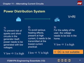 Chapter 11 – Alternating Current Circuits


Power Distribution System
                                                                V=RI
                                                  
1)                       2)                        3)
To prevent risk of       To avoid serious          For the safety of the
sparks and short         heating effects,          user, the voltage
circuits in the          present at high           needs to be low in the
generator itself,        current, it needs to be   home.
power needs to be        transmitted at the
generated with low       lowest current            V low  I is high
voltages.                practical.

                         I low  V is high          DC is not suitable
V low  I is high

                                                                            8
    IT2001PA Engineering Essentials (1/2)
 