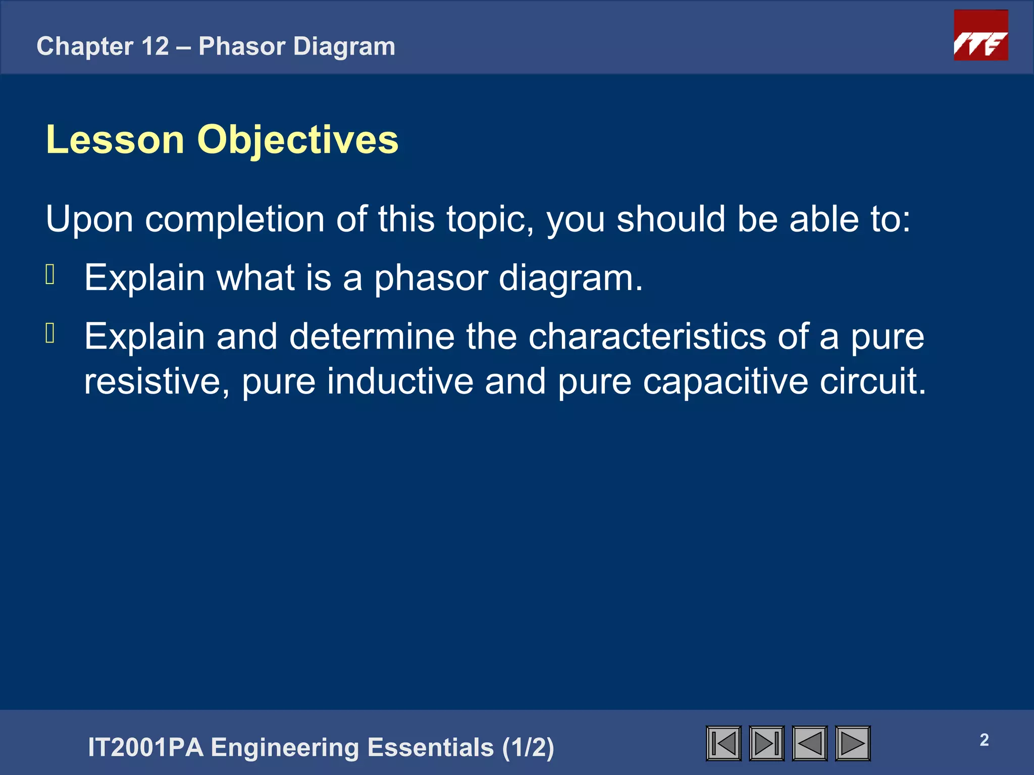 Chapter 12 – Phasor Diagram


Lesson Objectives
Upon completion of this topic, you should be able to:
   Explain what is a phasor diagram.
   Explain and determine the characteristics of a pure
    resistive, pure inductive and pure capacitive circuit.




                                                             2
    IT2001PA Engineering Essentials (1/2)
 