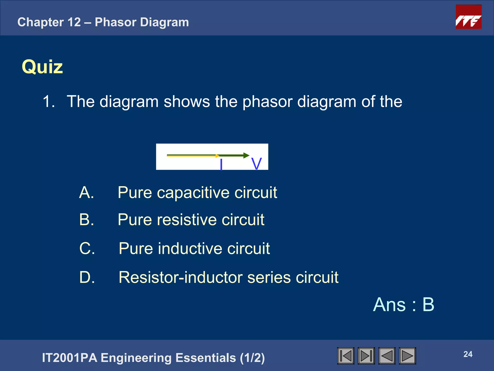 Chapter 12 – Phasor Diagram


Quiz
   1. The diagram shows the phasor diagram of the


                                I    V
         A.    Pure capacitive circuit
         B.    Pure resistive circuit
         C.    Pure inductive circuit
         D.    Resistor-inductor series circuit
                                                  Ans : B

                                                            24
   IT2001PA Engineering Essentials (1/2)
 