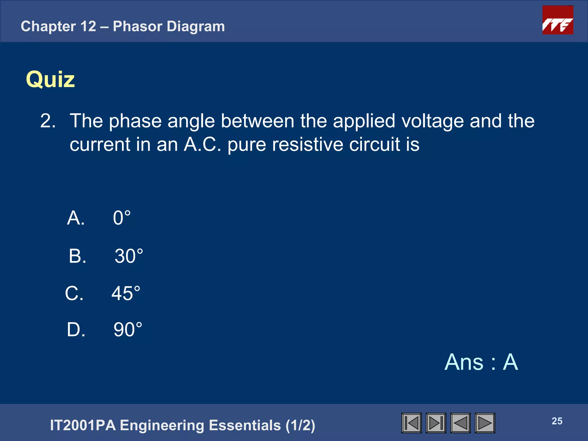 Chapter 12 – Phasor Diagram


Quiz
  2. The phase angle between the applied voltage and the
     current in an A.C. pure resistive circuit is


      A.    0°
      B.    30°
     C.     45°
      D.    90°
                                              Ans : A

                                                           25
   IT2001PA Engineering Essentials (1/2)
 