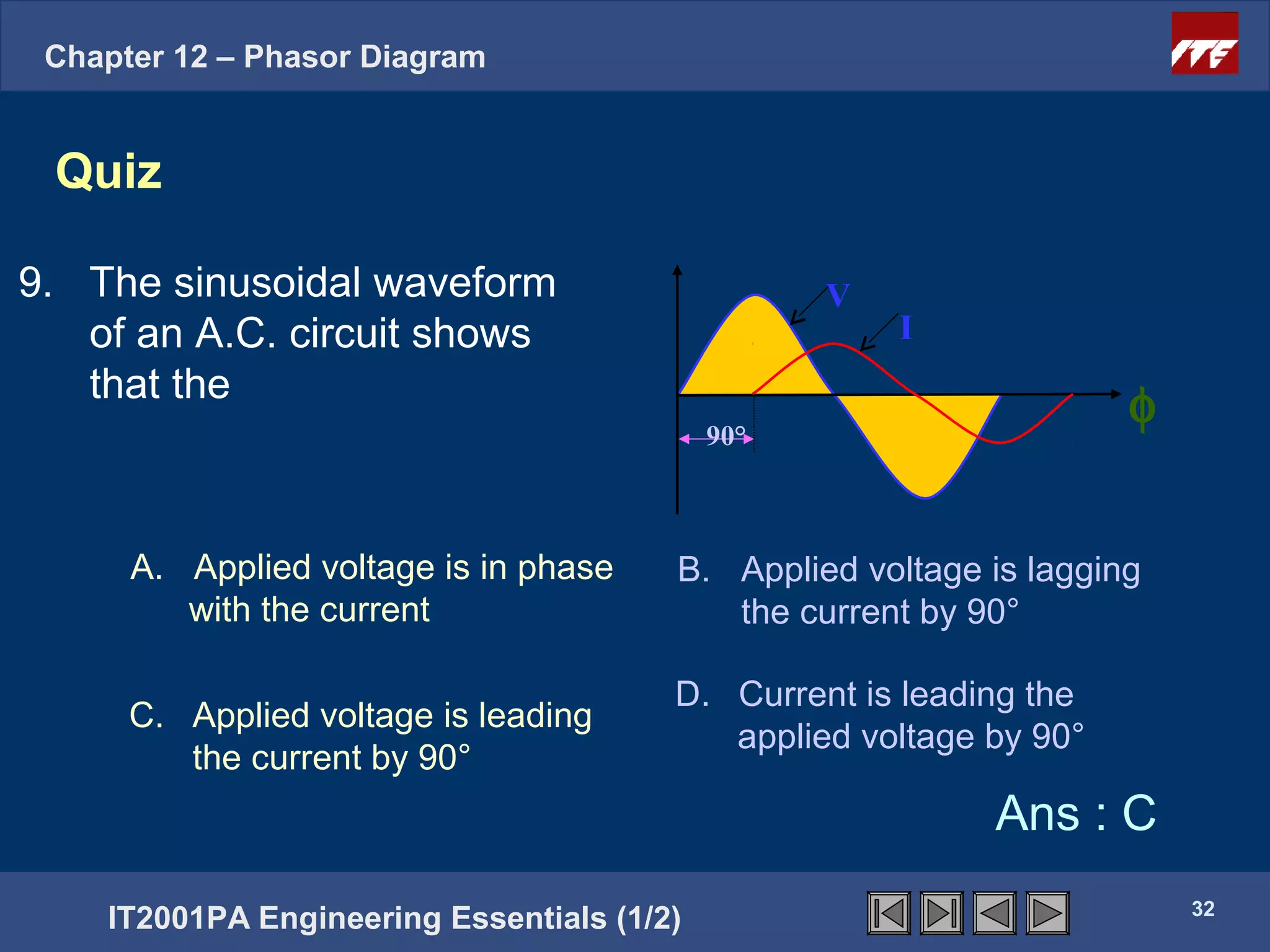 Chapter 12 – Phasor Diagram


 Quiz

9. The sinusoidal waveform                        V
   of an A.C. circuit shows                           I
   that the
                                            90°
                                                                    φ


      A. Applied voltage is in phase    B. Applied voltage is lagging
         with the current                  the current by 90°

                                        D. Current is leading the
      C. Applied voltage is leading
                                           applied voltage by 90°
         the current by 90°
                                                           Ans : C
                                                                        32
    IT2001PA Engineering Essentials (1/2)
 