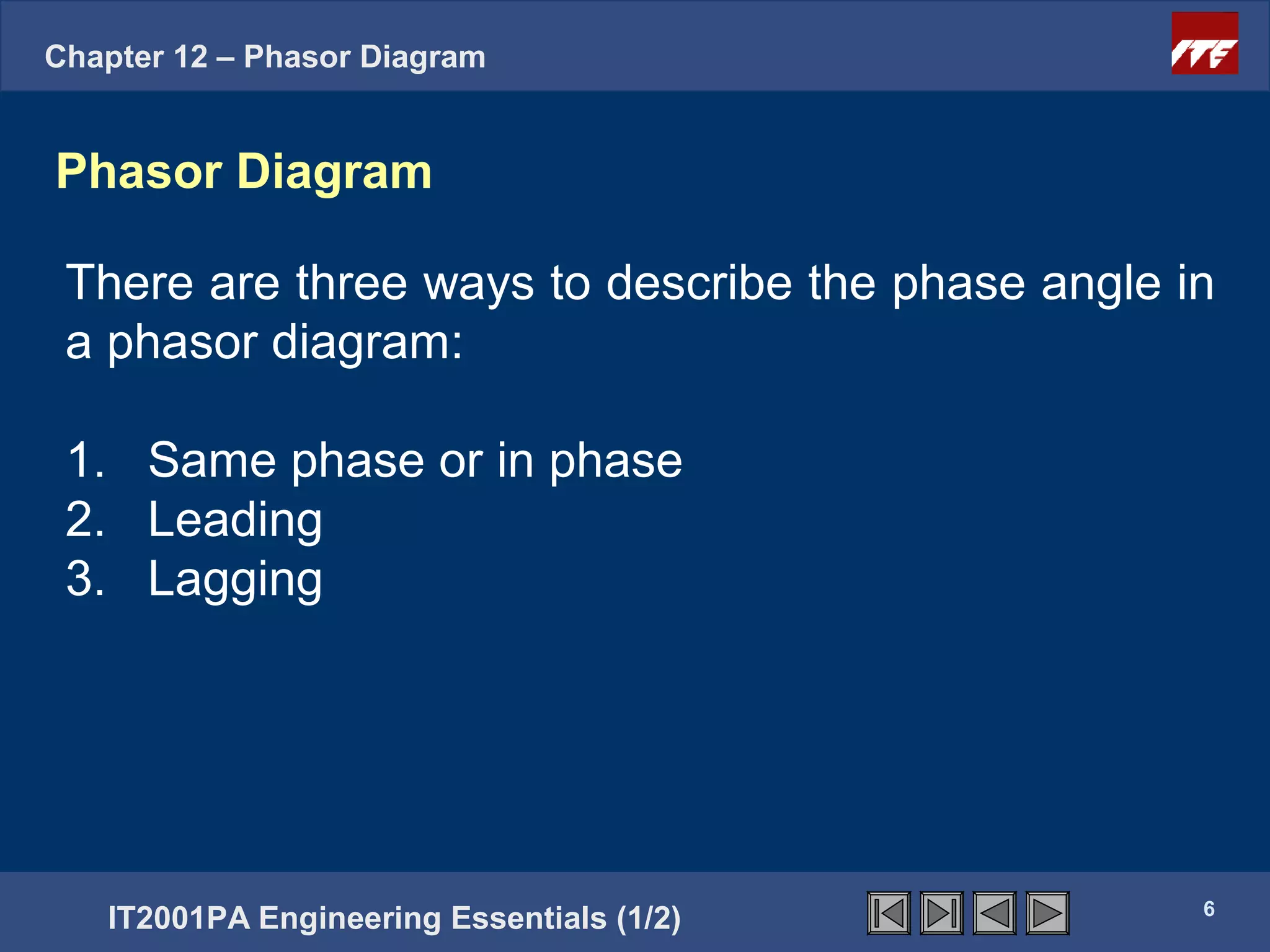 Chapter 12 – Phasor Diagram


Phasor Diagram

 There are three ways to describe the phase angle in
 a phasor diagram:

 1. Same phase or in phase
 2. Leading
 3. Lagging




                                                   6
   IT2001PA Engineering Essentials (1/2)
 