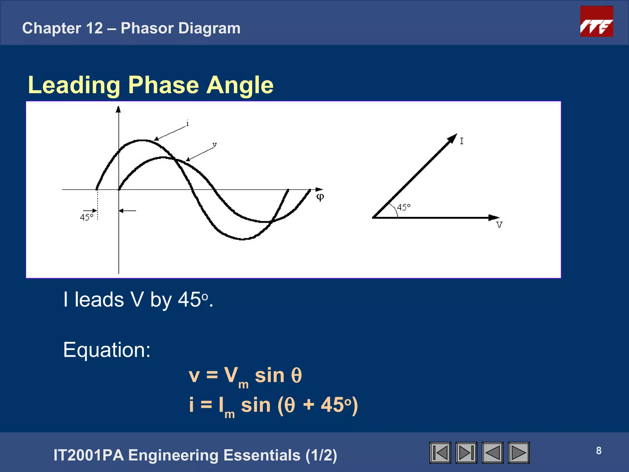 Chapter 12 – Phasor Diagram


Leading Phase Angle




     I leads V by 45o.

     Equation:
                    v = Vm sin θ
                    i = Im sin (θ + 45o)

                                           8
   IT2001PA Engineering Essentials (1/2)
 