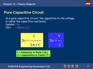 Chapter 12 – Phasor Diagram


Pure Capacitive Circuit
 In a pure capacitive circuit, the opposition to the voltage
 is called the capacitive reactance.
 Symbol : Xc
 Unit     : Ohms ( Ω )


                       1                             V
                Xc = ---------                  Xc = ---
                     2π f C                           I
             f = frequency in Hertz ( Hz )
      Click next = capacitance in Farad ( F )
             C to continue                         23




                                                               23
   IT2001PA Engineering Essentials (1/2)
 