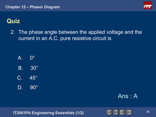 Chapter 12 – Phasor Diagram


Quiz
  2. The phase angle between the applied voltage and the
     current in an A.C. pure resistive circuit is


      A.    0°
      B.    30°
     C.     45°
      D.    90°
                                              Ans : A

                                                           25
   IT2001PA Engineering Essentials (1/2)
 