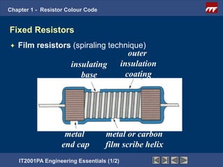 Chapter 1 - Resistor Colour Code


Fixed Resistors
   Film resistors (spiraling technique)
                                               outer
                       insulating           insulation
                          base                coating




                    metal          metal or carbon
                   end cap         film scribe helix
    IT2001PA Engineering Essentials (1/2)
 