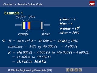Chapter 1 - Resistor Colour Code


 Example 1
      yellow blue
                                           yellow = 4
                                           blue = 6
                                           orange = 103
            orange             silver      silver = 10%

 R = 46 x 103 Ω = 46 000 Ω = 46 kΩ + 10%
  tolerance = 10% of 46 000 Ω = 4 600 Ω
   R = (46 000 Ω - 4 600 Ω) to (46 000 Ω + 4 600 Ω)
     = 41 400 Ω to 50 600 Ω
     = 41.4 kΩ to 50.6 kΩ

   IT2001PA Engineering Essentials (1/2)
 