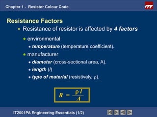 Chapter 1 - Resistor Colour Code


Resistance Factors
        Resistance of resistor is affected by 4 factors
          environmental
            temperature       (temperature coefficient).
          manufacturer
            diameter       (cross-sectional area, A).
            length   (l)
            type   of material (resistively, ρ).


                                  ρl
                              R =
                                  A

   IT2001PA Engineering Essentials (1/2)
 
