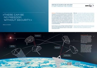 »There can be
no freedom
without security.«
Der Blick durch die Wolken
A view through the clouds
SAR-Lupe ist Deutschlands erstes satellitengestütztes Aufklä-
rungssystem. Für die Bundes­regierung ist es unerlässlich,
­krisenhafte Entwick­lungen weltweit frühzeitig zu erkennen und
dabei einseitige Ab­hängig­keiten von Aufklä­rungs­bildern Dritter
zu vermeiden. Deshalb hat sich das Bundesministerium der
­Verteidigung (BMVg) für SAR-Lupe entschieden. Im Rahmen des
Pro­gramms hat OHB System AG als Hauptauftrag­nehmer fünf
baugleiche Satelliten entwickelt, ausgestattet mit höchst­
auflösendem Radar, die bei allen Wetterver­hält­nissen weltweite
Informa­tionen zu jeder Tages- und Nachtzeit liefern. Das System
ist vollständig ausgebaut und befindet sich seit Dezember 2007
im operationellen Betrieb.
Als Kernelement für eine europaweite strategische Aufklärung
können die Bodensegmente von SAR-Lupe und dem französi-
schen optischen Aufklärungs­system Helios II in einem System­
verbund genutzt werden.
SAR-Lupe is Germany’s first satellite-based reconnaissance
­system. It is essential for the Federal Government to identify and
monitor regions of latent crisis at an early stage and to avoid uni-
lateral dependencies in reconnais­sance. Therefore the Federal
Ministry of Defence (BMVg) opted for SAR-Lupe. Within the scope
of the program OHB System AG as the prime contractor devel-
oped five identical satellites equipped with ­highest-resolution
radar systems for providing world­wide ­information under all
weather conditions and at day and night time. The system has
completely been built up and is in operational service since
December 2007.
The ground segments of SAR-Lupe and the French optical recon-
naissance system Helios II can be used jointly as the core element
of European-wide strategic reconnaissance operations.
Überblick Gesamtsystem
Das SAR-Lupe-Gesamtsystem umfasst
ein radargestütztes Aufklä­rungs­­system
mit fünf Satelliten von ca. 720 kg und
ein entsprechendes Bodensegment zur
Satelliten­kont­rolle und zum Empfang
und zur Ver­arbei­tung der Bilddaten. Das
System arbeitet wetterunabhängig bei
Tag und Nacht und liefert von praktisch
allen Gebieten der Erde aktuelle und
sehr detaillierte Bilder.
System overview
The SAR-Lupe system comprises a space-
borne radar reconnaissance system with
five satellites of approximately 720 kg
weight, and a ground segment for con­
trolling the satellites and for receiving
and processing image data. The system
is independent of weather conditions
and operates day and night. It delivers
­up-to-date and highly detailed images
from ­virtually all regions of the world.
User ground
segment
Satellite
ground
segment
Bildaufnahme
Image recording
Intersatellite-Link
Intersatellite link
Datenübertragung
Data download
Auftragsübermittlung
Command transmission
(Wilhelm von Humboldt)
 