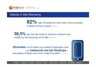 Mobiles E-Mail Marketing

                  82% aller Smartphone User lesen und versenden
                  E-Mails mit ihrem Gerät (Google)


   38,5% der Zeit die mobil im Internet verbracht wird,
   entfällt auf die Nutzung von E-Mail (Nielsen)



  Klickraten von E-Mails auf mobilen Endgeräten sind
            nur halbsoviel wie bei Desktops –
  das bedeut E-Mails sind nicht “mobil-freundlich”. (Knotice)


  VIENNA • LONDON • MUNICH • BERLIN • PARIS • HONG KONG • MOSCOW • ISTANBUL • BEIJING
 