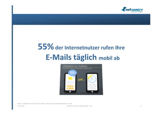55% der Internetnutzer rufen Ihre
                                          E-Mails täglich mobil ab




Quelle: Independent Poll of 1.002 UK Adults conducted by Lightspeed Research in 2011
07.02.2013                                                                  netnomics GmbH, Copyright 2008 - 2012   6
 