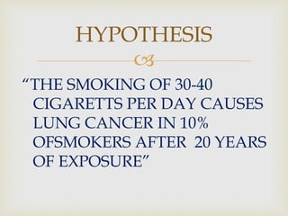 
“THE SMOKING OF 30-40
CIGARETTS PER DAY CAUSES
LUNG CANCER IN 10%
OFSMOKERS AFTER 20 YEARS
OF EXPOSURE”
HYPOTHESIS
 