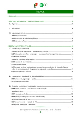 ÍNDICE
INTRODUÇÃO..................................................................................................................................................... 5
1. OBJETIVOS, METODOLOGIA E ASPETOS ORGANIZATIVOS .......................................................................... 6
1.1 Objetivos ................................................................................................................................................. 6
1.2 Metodologia............................................................................................................................................ 6
1.3 Aspetos organizativos ............................................................................................................................ 7
1.3.1 Seleção das escolas ......................................................................................................................... 7
1.3.2 Instrumentos de recolha de informação .......................................................................................... 8
1.3.3 Elaboração do Relatório ................................................................................................................... 9

2. DESENVOLVIMENTO DA ATIVIDADE ........................................................................................................... 10
2.1 Caracterização das escolas ................................................................................................................ 10
2.1.1 Caracterização das crianças e alunos – grupos e turmas ............................................................. 10
2.1.2 Modalidades específicas de educação e respostas educativas especializadas ............................ 11
2.1.3 Medidas educativas ....................................................................................................................... 12
2.1.4 Planos individuais de transição (PIT).............................................................................................. 13
2.1.5 Processos de referenciação ........................................................................................................... 14
2.1.6 Recursos humanos......................................................................................................................... 15
2.1.7 Formação contínua, qualificação dos recursos humanos no âmbito da Educação Especial
e ações de sensibilização junto dos pais e encarregados de educação ................................................. 17
2.1.8 Recursos físicos e materiais........................................................................................................... 18

2.2 Planeamento e organização da Educação Especial .......................................................................... 21
2.2.1 Planeamento, organização e gestão .............................................................................................. 21
2.2.2 Cooperação e parcerias ................................................................................................................. 23

2.3 Respostas educativas e resultados dos alunos ................................................................................ 24
2.3.1 Medidas educativas e planos individuais de transição .................................................................. 24
2.3.2 Referenciação ................................................................................................................................ 25
2.3.3 Processo de avaliação .................................................................................................................... 25
2.3.4 Elaboração do Programa Educativo Individual (PEI) ...................................................................... 26
2.3.5 Operacionalização do PEI ............................................................................................................... 28
2.3.6 Acompanhamento e avaliação do PEI ............................................................................................ 29
2.3.7 Horários das crianças e dos alunos ............................................................................................... 30

EDUCAÇÃO ESPECIAL: RESPOSTAS EDUCATIVAS 2011-2012 – RELATÓRIO

3

 