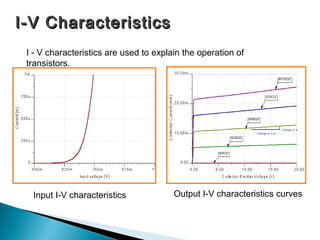 I-V Characteristics
 I - V characteristics are used to explain the operation of
 transistors.




  Input I-V characteristics             Output I-V characteristics curves
 