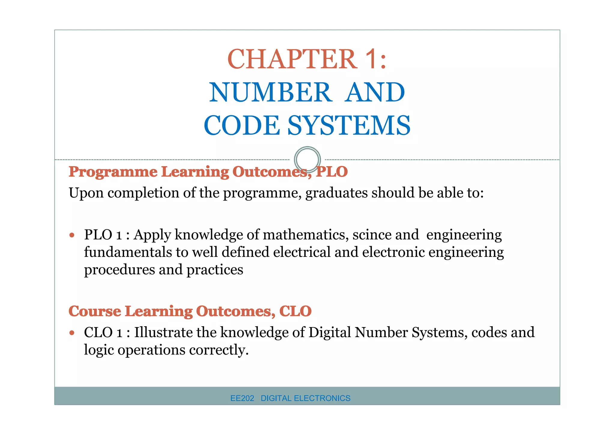 CHAPTER 1:
NUMBER AND
CODE SYSTEMS
Programme Learning Outcomes, PLO
Upon completion of the programme, graduates should be able to:
� PLO 1 : Apply knowledge of mathematics, scince and engineering

fundamentals to well defined electrical and electronic engineering
procedures and practices
Course Learning Outcomes, CLO
� CLO 1 : Illustrate the knowledge of Digital Number Systems, codes and
logic operations correctly.

EE202 DIGITAL ELECTRONICS

 