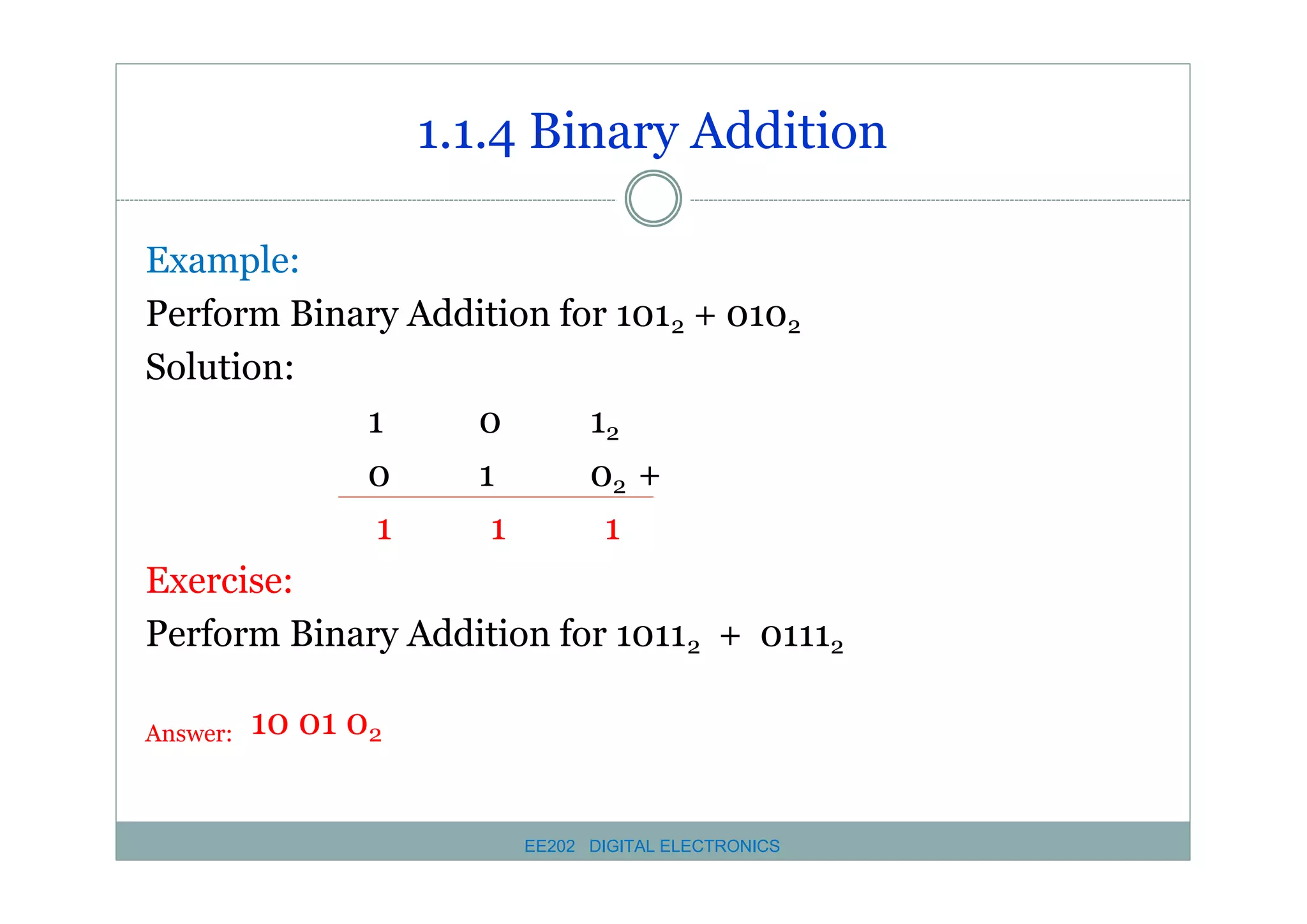 1.1.4 Binary Addition
Example:
Perform Binary Addition for 1012 + 0102
Solution:
1
0
12
0
1
02 +
1
1
1
Exercise:
Perform Binary Addition for 10112 + 01112
Answer:

10 01 02

EE202 DIGITAL ELECTRONICS

 
