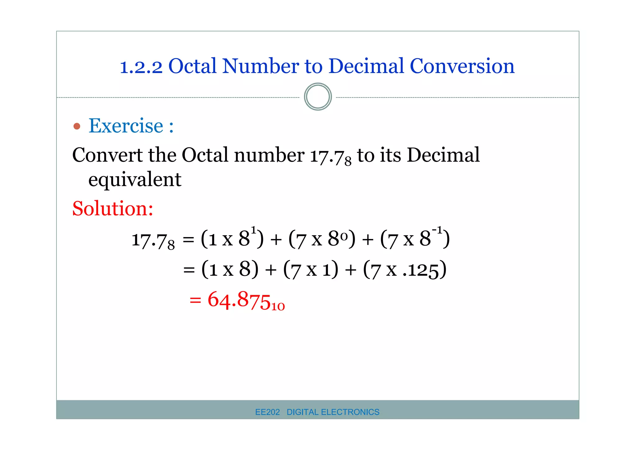 1.2.2 Octal Number to Decimal Conversion
� Exercise :

Convert the Octal number 17.78 to its Decimal
equivalent
Solution:
1
0) + (7 x 8-1)
17.78 = (1 x 8 ) + (7 x 8
= (1 x 8) + (7 x 1) + (7 x .125)
= 64.87510

EE202 DIGITAL ELECTRONICS

 