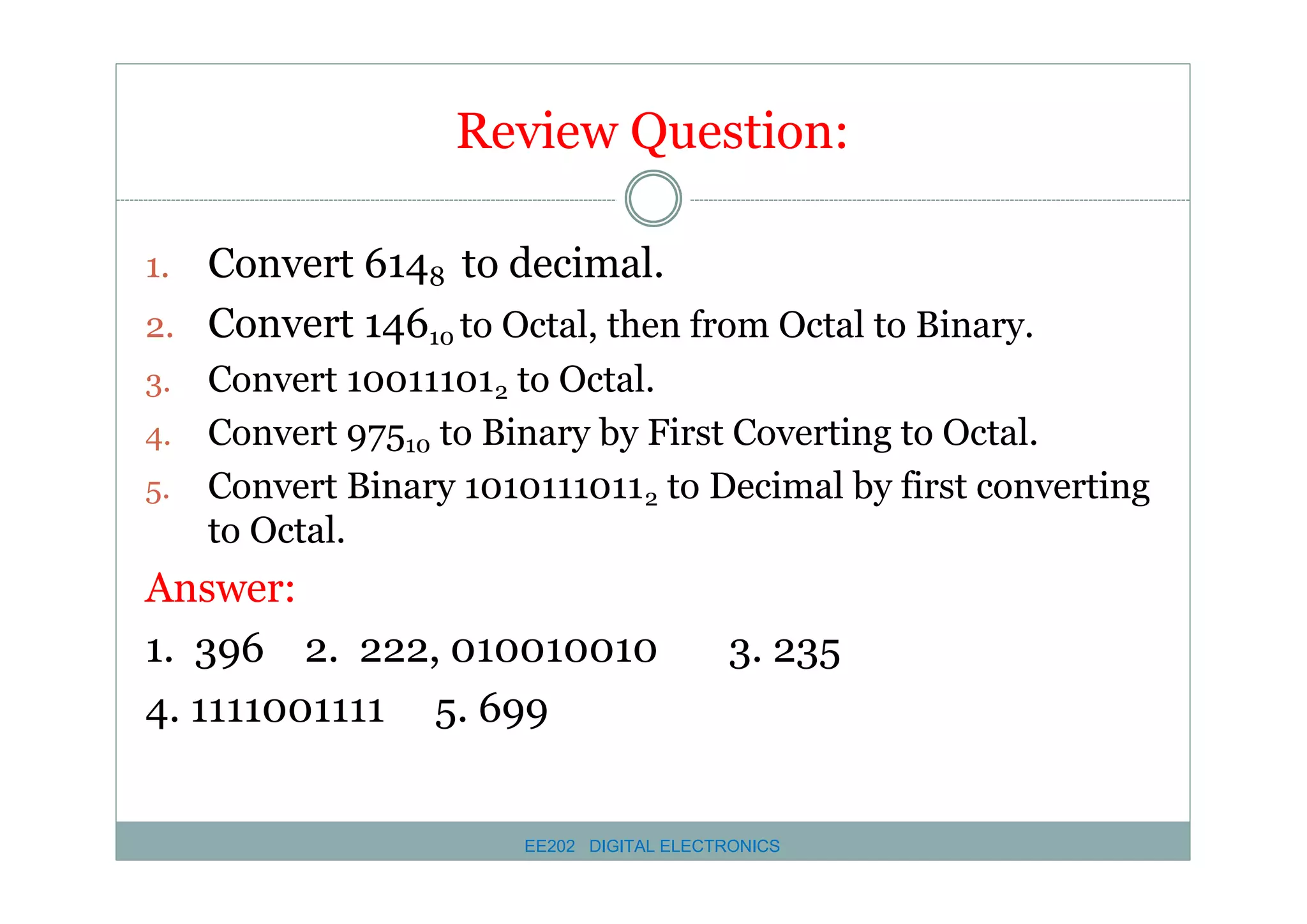 Review Question:
Convert 6148 to decimal.
2. Convert 14610 to Octal, then from Octal to Binary.
1.

Convert 100111012 to Octal.
4. Convert 97510 to Binary by First Coverting to Octal.
5. Convert Binary 1010111011 2 to Decimal by first converting
to Octal.
3.

Answer:
1. 396 2. 222, 010010010
4. 1111001111 5. 699

3. 235

EE202 DIGITAL ELECTRONICS

 