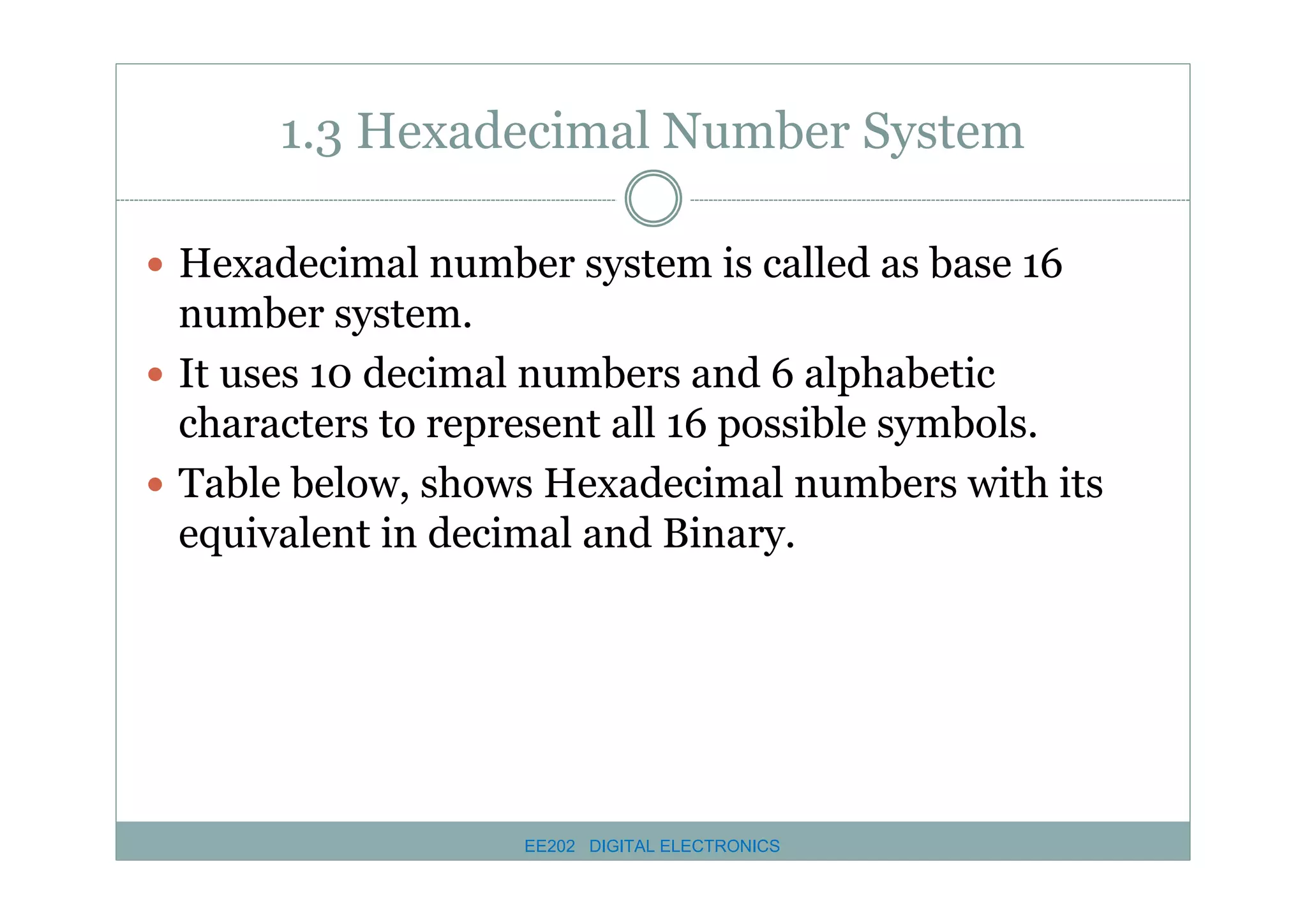 1.3 Hexadecimal Number System
� Hexadecimal number system is called as base 16

number system.
� It uses 10 decimal numbers and 6 alphabetic
characters to represent all 16 possible symbols.
� Table below, shows Hexadecimal numbers with its
equivalent in decimal and Binary.

EE202 DIGITAL ELECTRONICS

 
