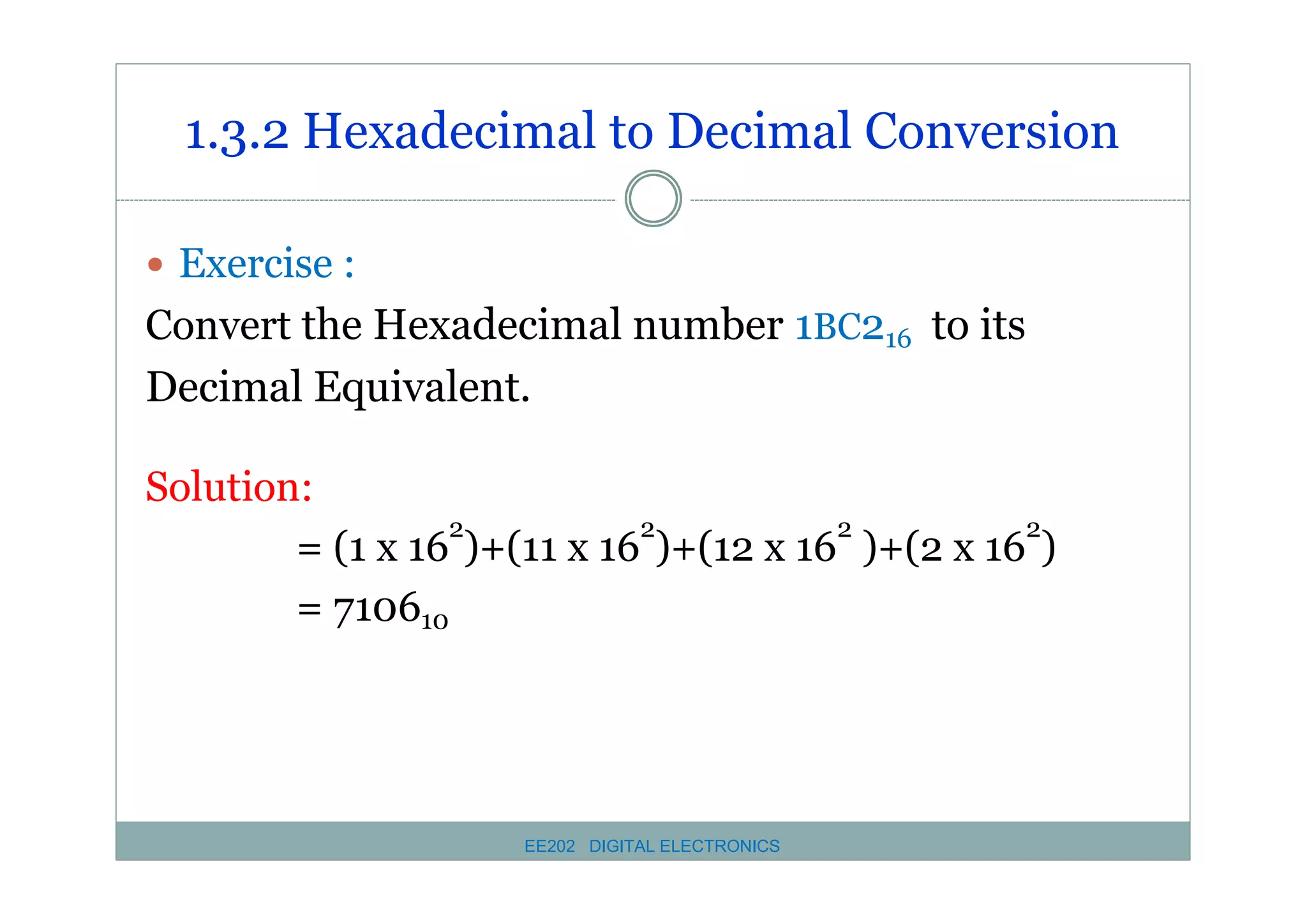 1.3.2 Hexadecimal to Decimal Conversion
� Exercise :

Convert the Hexadecimal number 1BC216 to its
Decimal Equivalent.
Solution:
2
2
2
2
= (1 x 16 )+(11 x 16 )+(12 x 16 )+(2 x 16 )
= 710610

EE202 DIGITAL ELECTRONICS

 