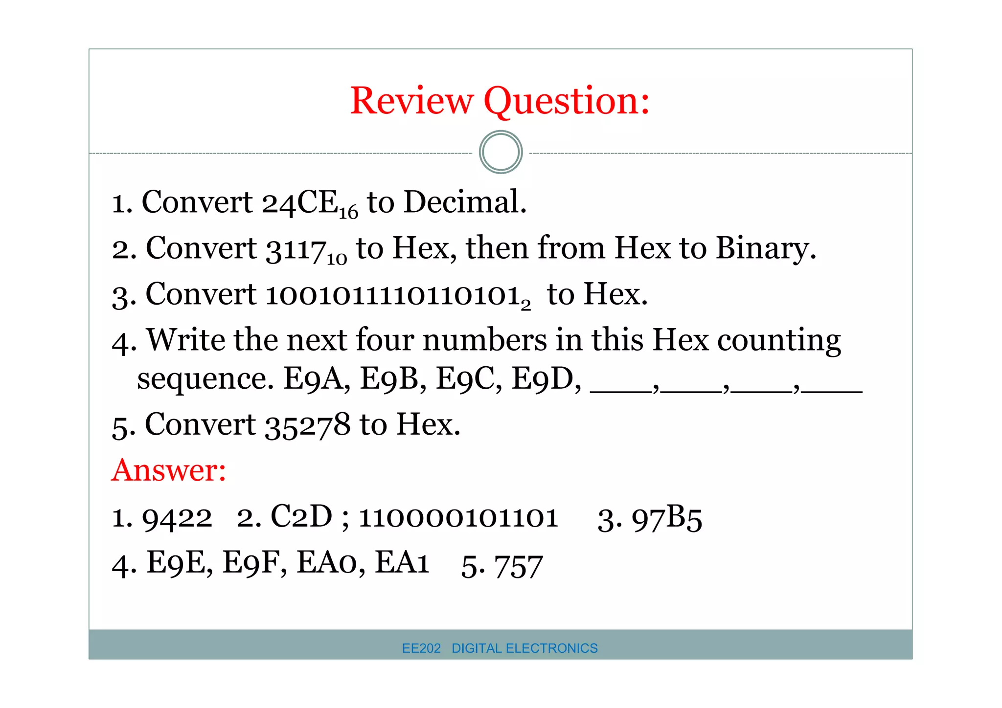 Review Question:
1. Convert 24CE16 to Decimal.
2. Convert 311710 to Hex, then from Hex to Binary.
3. Convert 10010111101101012 to Hex.
4. Write the next four numbers in this Hex counting
sequence. E9A, E9B, E9C, E9D, ___,___,___,___
5. Convert 35278 to Hex.
Answer:
1. 9422 2. C2D ; 110000101101 3. 97B5
4. E9E, E9F, EA0, EA1 5. 757
EE202 DIGITAL ELECTRONICS

 