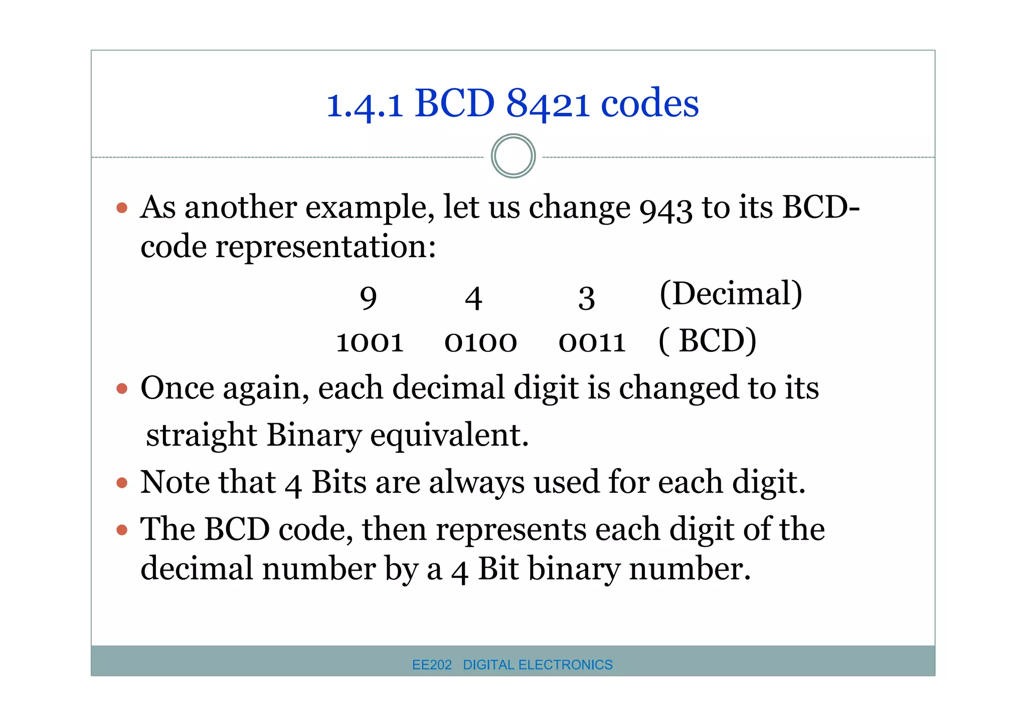 1.4.1 BCD 8421 codes
� As another example, let us change 943 to its BCD-

code representation:
9
4
3
(Decimal)
1001 0100 0011 ( BCD)
� Once again, each decimal digit is changed to its
straight Binary equivalent.
� Note that 4 Bits are always used for each digit.
� The BCD code, then represents each digit of the
decimal number by a 4 Bit binary number.
EE202 DIGITAL ELECTRONICS

 