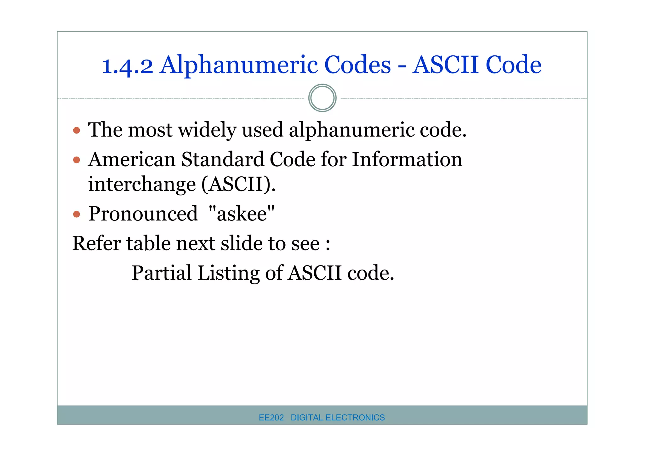 1.4.2 Alphanumeric Codes - ASCII Code
� The most widely used alphanumeric code.
� American Standard Code for Information

interchange (ASCII).
� Pronounced "askee"
Refer table next slide to see :
Partial Listing of ASCII code.

EE202 DIGITAL ELECTRONICS

 
