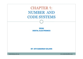 CHAPTER 1:
NUMBER AND
CODE SYSTEMS
EE202
DIGITAL ELECTRONICS

BY: SITI SABARIAH SALIHIN
sabariah@psa.edu.my

www.sabariahsalihin.com

 