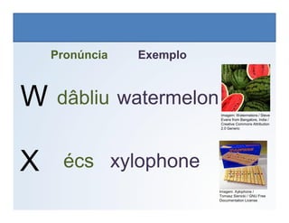 W
Pronúncia Exemplo
watermelon
dâbliu
LÍNGUA INGLESA, 6º Ano do Ensino Fundamental
Alphabet: Spelling
W
X xylophone
écs
Imagem: Watermelons / Steve
Evans from Bangalore, India /
Creative Commons Attribution
2.0 Generic
Imagem: Xylophone /
Tomasz Sienicki / GNU Free
Documentation License
 