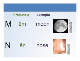 M
Pronúncia Exemplo
moon
êm
LÍNGUA INGLESA, 6º Ano do Ensino Fundamental
Alphabet: Spelling
Imagem:
Moon
merged
small
/
Ghirlandajo
/
GNU
Free
Documentation
License
N nose
ên
Imagem:
Nez
d'homme
/
Jeremie63
/
GNU
Free
Documentation
License
Imagem:
Moon
merged
small
Ghirlandajo
/
GNU
Free
Documentation
License
 