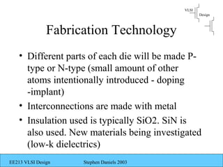 VLSI
                                                   Design



               Fabrication Technology
    • Different parts of each die will be made P-
      type or N-type (small amount of other
      atoms intentionally introduced - doping
      -implant)
    • Interconnections are made with metal
    • Insulation used is typically SiO2. SiN is
      also used. New materials being investigated
      (low-k dielectrics)
EE213 VLSI Design    Stephen Daniels 2003
 