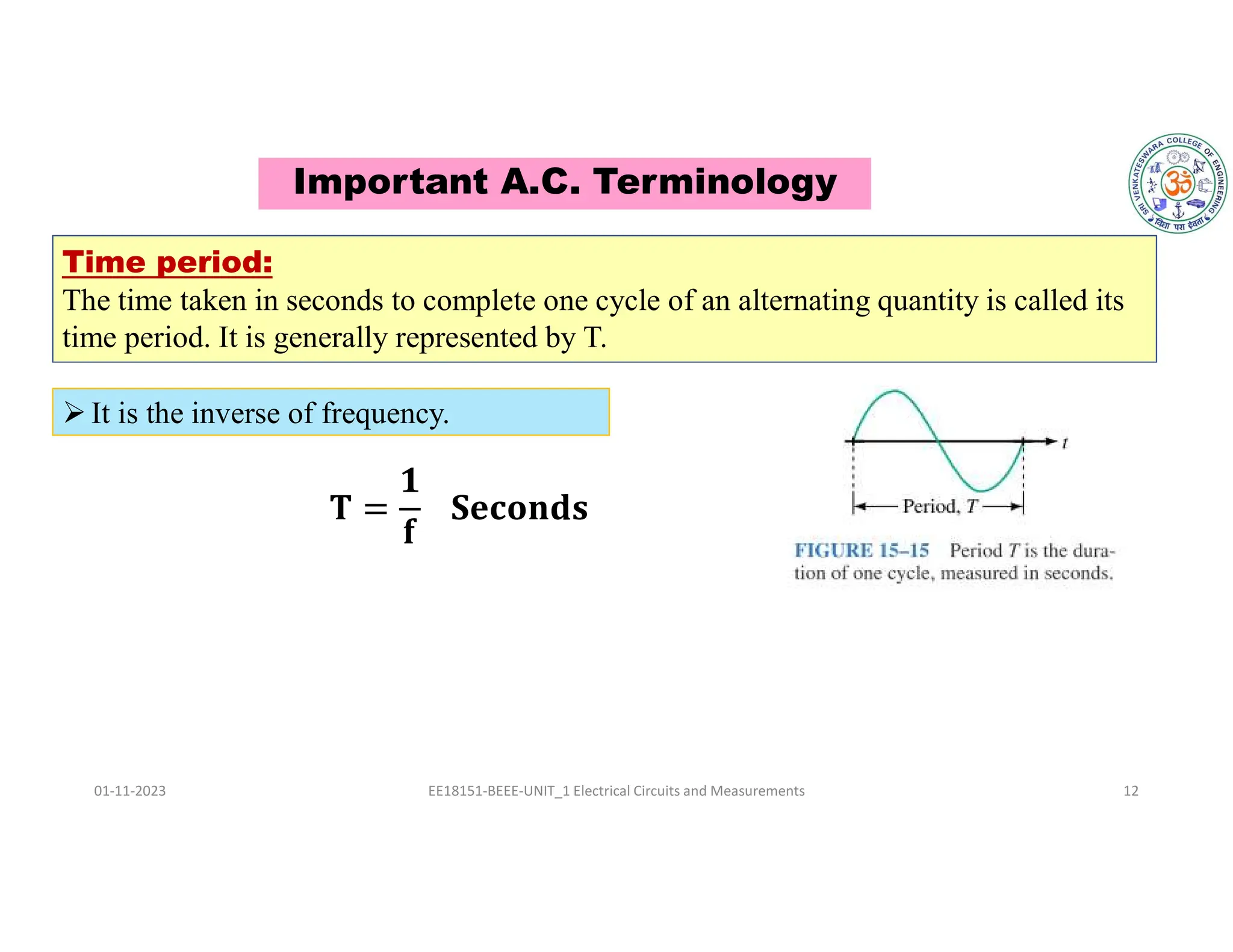 Important A.C. Terminology
01-11-2023 EE18151-BEEE-UNIT_1 Electrical Circuits and Measurements 12
Time period:
The time taken in seconds to complete one cycle of an alternating quantity is called its
time period. It is generally represented by T.
It is the inverse of frequency.
 