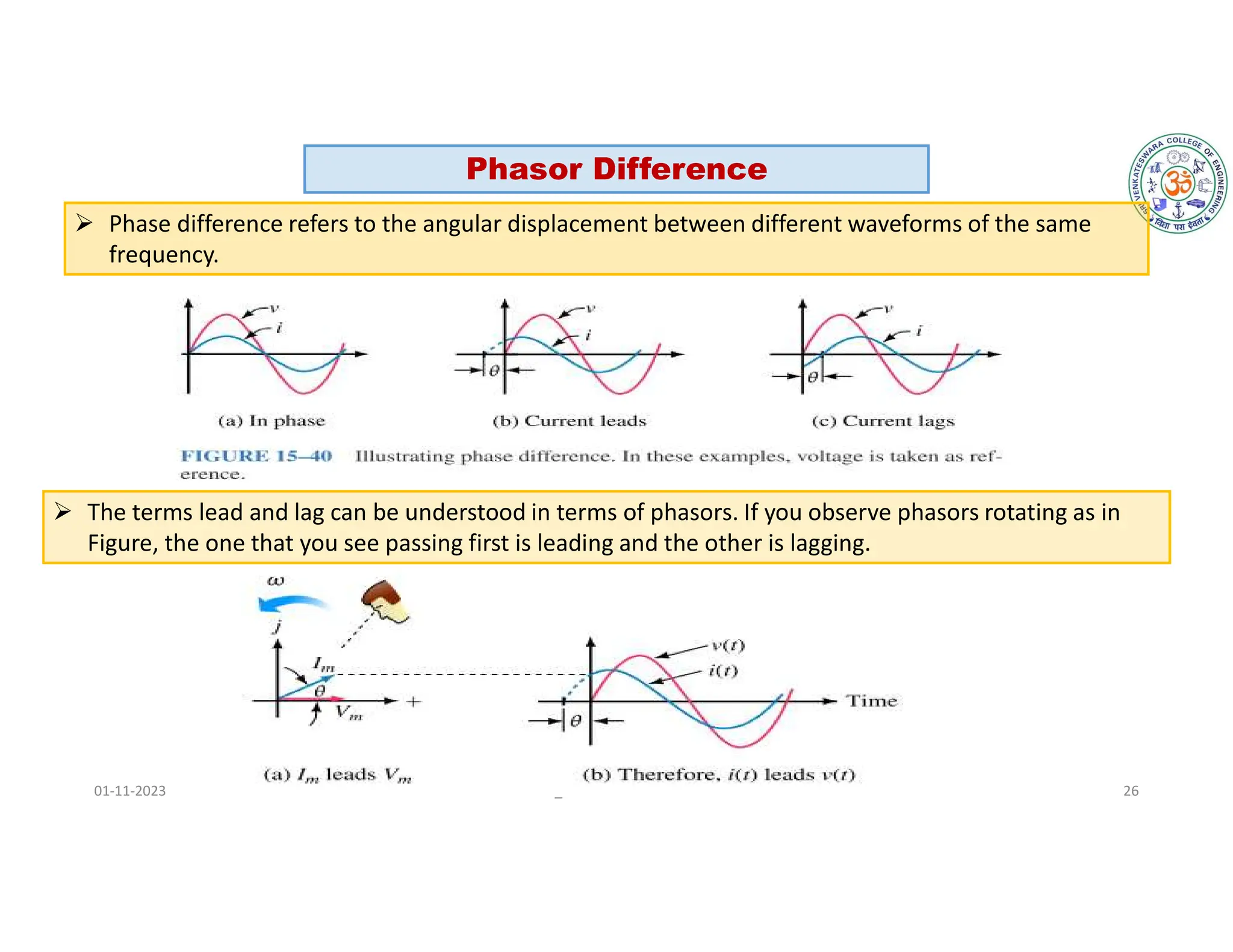 01-11-2023 EE18151-BEEE-UNIT_1 Electrical Circuits and Measurements 26
Phasor Difference
 Phase difference refers to the angular displacement between different waveforms of the same
frequency.
 The terms lead and lag can be understood in terms of phasors. If you observe phasors rotating as in
Figure, the one that you see passing first is leading and the other is lagging.
 