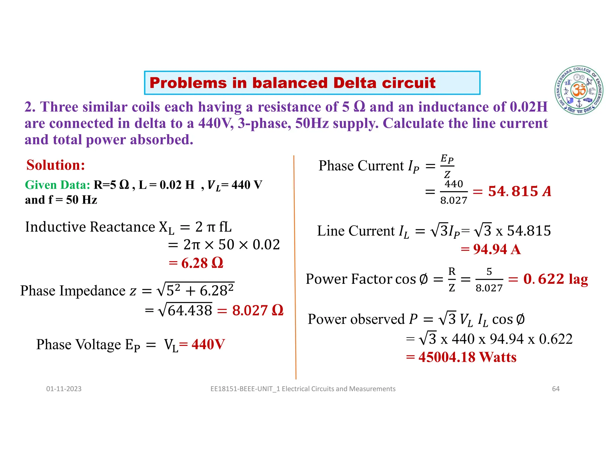 2. Three similar coils each having a resistance of 5 Ω and an inductance of 0.02H
are connected in delta to a 440V, 3-phase, 50Hz supply. Calculate the line current
and total power absorbed.
01-11-2023 EE18151-BEEE-UNIT_1 Electrical Circuits and Measurements 64
Solution:
Problems in balanced Delta circuit
Given Data: R=5 Ω , L = 0.02 H , 𝑽𝑳= 440 V
and f = 50 Hz
.
lag
Phase Impedance
= Ω
Phase Current
.
Phase Voltage = 440V
Power observed
= x 440 x 94.94 x 0.622
= 45004.18 Watts
= 6.28 Ω
Line Current = x
= 94.94 A
 