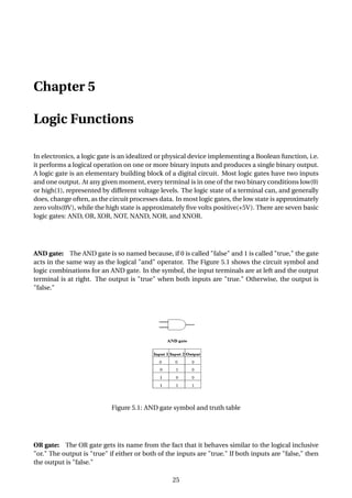 Chapter 5
Logic Functions
In electronics, a logic gate is an idealized or physical device implementing a Boolean function, i.e.
it performs a logical operation on one or more binary inputs and produces a single binary output.
A logic gate is an elementary building block of a digital circuit. Most logic gates have two inputs
and one output. At any given moment, every terminal is in one of the two binary conditions low(0)
or high(1), represented by different voltage levels. The logic state of a terminal can, and generally
does, change often, as the circuit processes data. In most logic gates, the low state is approximately
zero volts(0V), while the high state is approximately ﬁve volts positive(+5V). There are seven basic
logic gates: AND, OR, XOR, NOT, NAND, NOR, and XNOR.
AND gate: The AND gate is so named because, if 0 is called "false" and 1 is called "true," the gate
acts in the same way as the logical "and" operator. The Figure 5.1 shows the circuit symbol and
logic combinations for an AND gate. In the symbol, the input terminals are at left and the output
terminal is at right. The output is "true" when both inputs are "true." Otherwise, the output is
"false."
Figure 5.1: AND gate symbol and truth table
OR gate: The OR gate gets its name from the fact that it behaves similar to the logical inclusive
"or." The output is "true" if either or both of the inputs are "true." If both inputs are "false," then
the output is "false."
25
 